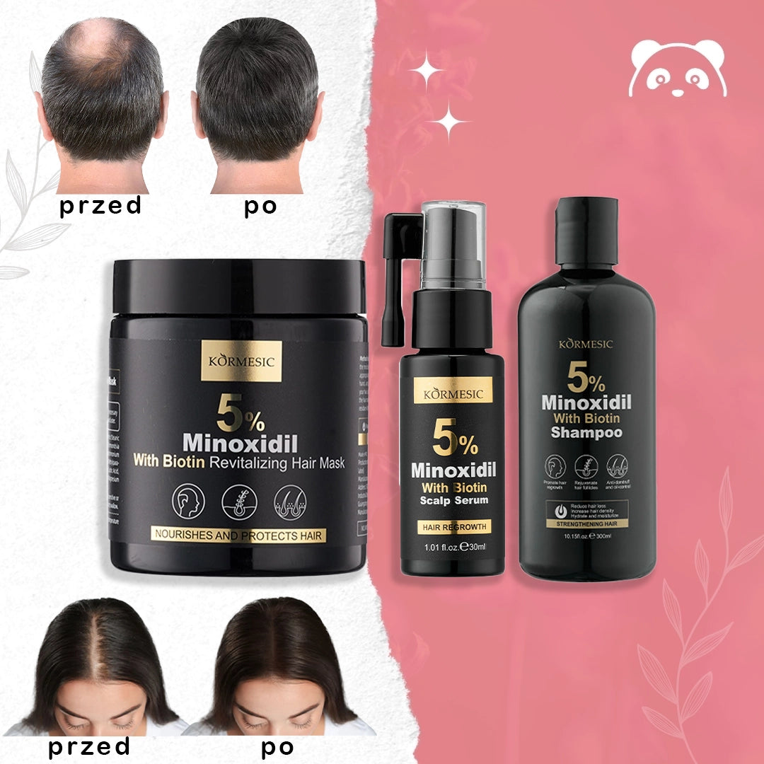 Zestaw przeciw wypadaniu włosów z minoksydylem 5% Kormesic (szampon + maska + serum)