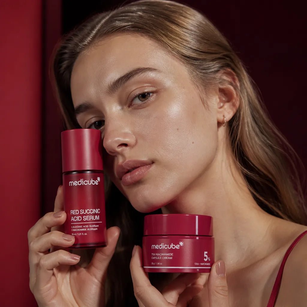 Medicube facial skincare set with brightening serum and cream