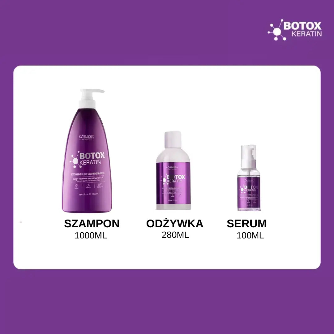 Zestaw do pielęgnacji włosów z botox keratin KORMESIC (Szampon, Odżywka, Serum)