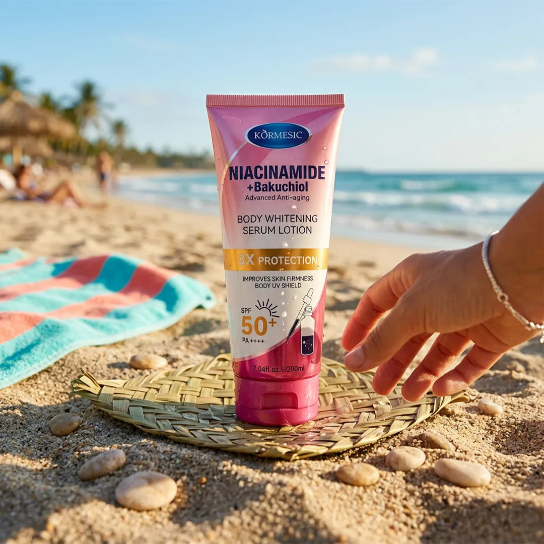 Balsam-serum do ciała Kormesic Niacinamid + Bakuchiol SPF 50+ – rozświetlenie, ochrona UV i jędrniejsza skóra, 200 ml