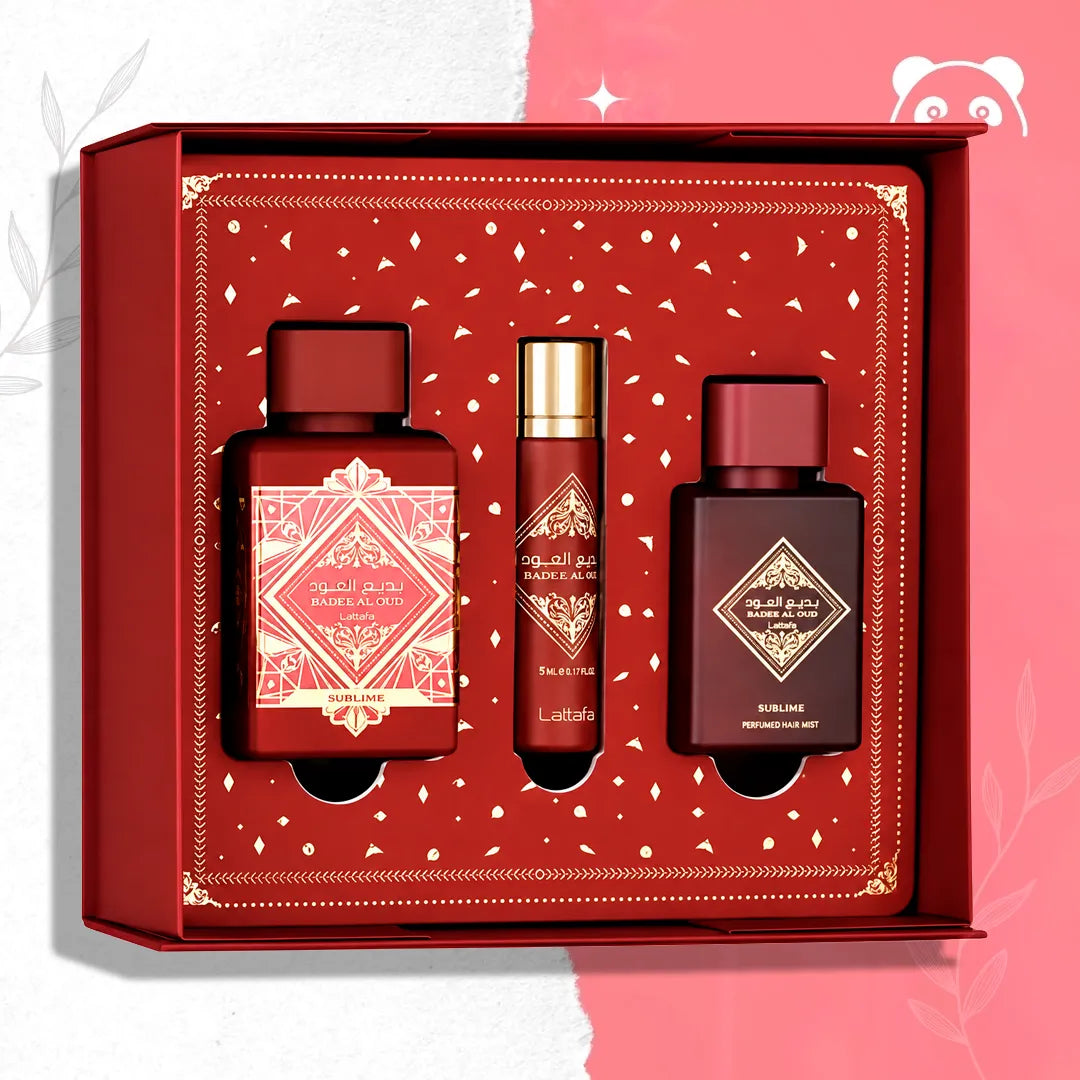 Lattafa Badee Al Oud Sublime’i parfüümikomplekt – EDP 100 ml + 12 ml + juukselõhn 50 ml