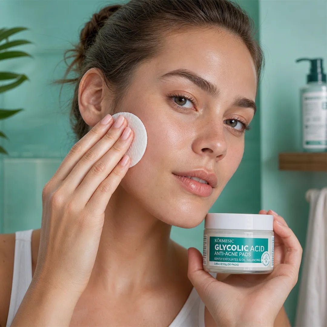 Sejas spilventiņi pret nepilnībām Kormesic Anti-Acne Pads – ar azelainskābi vai glikola skābi, 50 gab.  