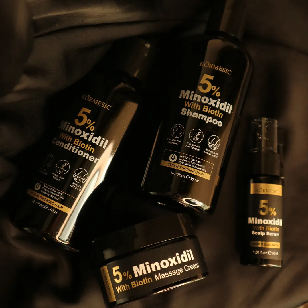 Zestaw przeciw wypadaniu i na porost włosów Kormesic 5% Minoxidil z biotyną 4w1