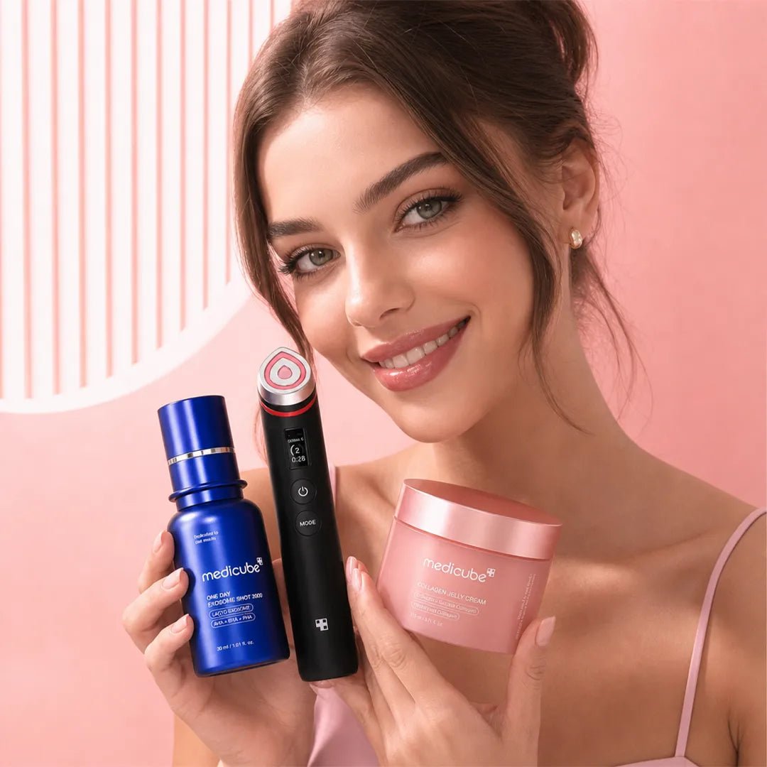 Zestaw do pielęgnacji twarzy Medicube – Triple Collagen Jelly Cream, One Day Exosome Shot Pore Ampoule 2000 i AGE-R Booster Pro