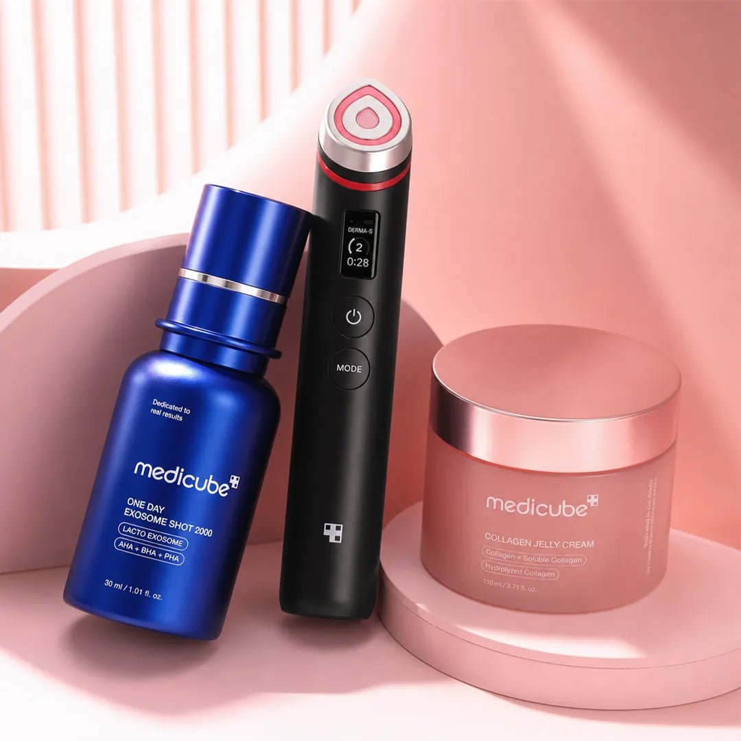 Zestaw do pielęgnacji twarzy Medicube – Triple Collagen Jelly Cream, One Day Exosome Shot Pore Ampoule 2000 i AGE-R Booster Pro