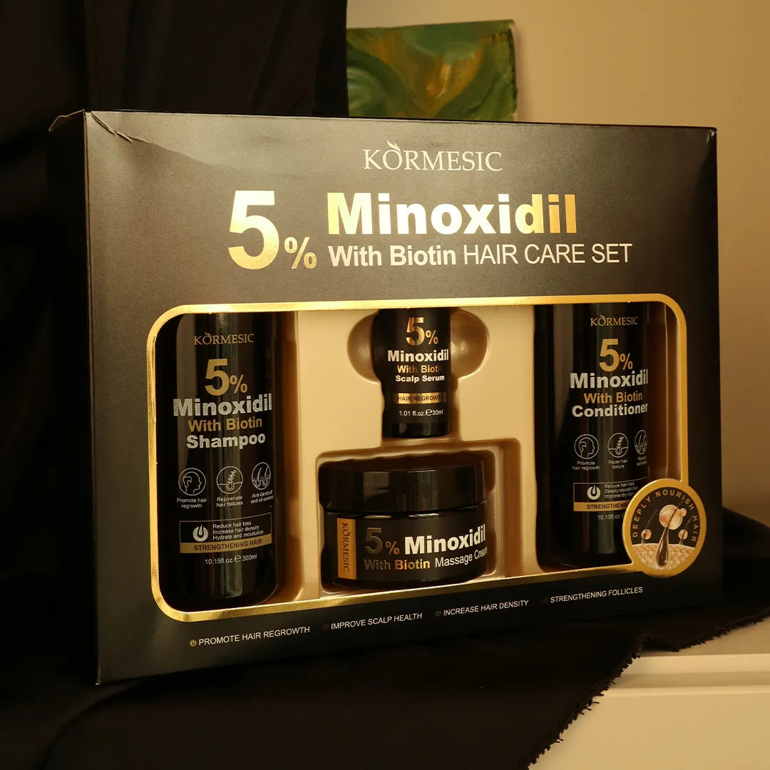 Zestaw przeciw wypadaniu i na porost włosów Kormesic 5% Minoxidil z biotyną 4w1