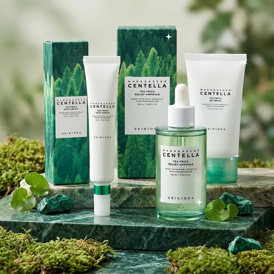 Zestaw do pielęgnacji skóry problematycznej SKIN1004 Tea-Trica 3w1 – serum 100 ml + krem punktowy 20 ml + krem kojący 75 ml