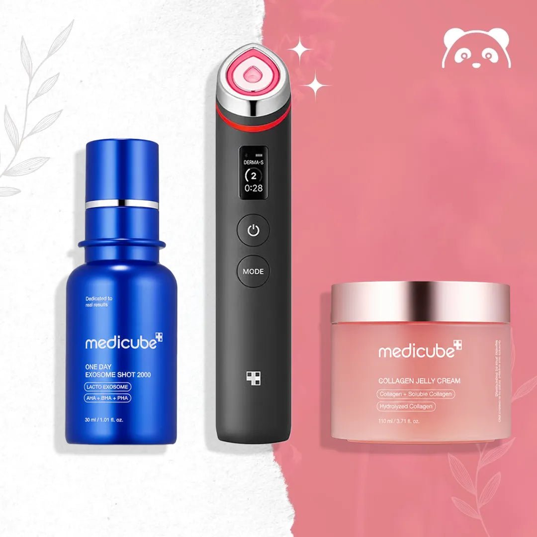Zestaw do pielęgnacji twarzy Medicube – Triple Collagen Jelly Cream, One Day Exosome Shot Pore Ampoule 2000 i AGE-R Booster Pro