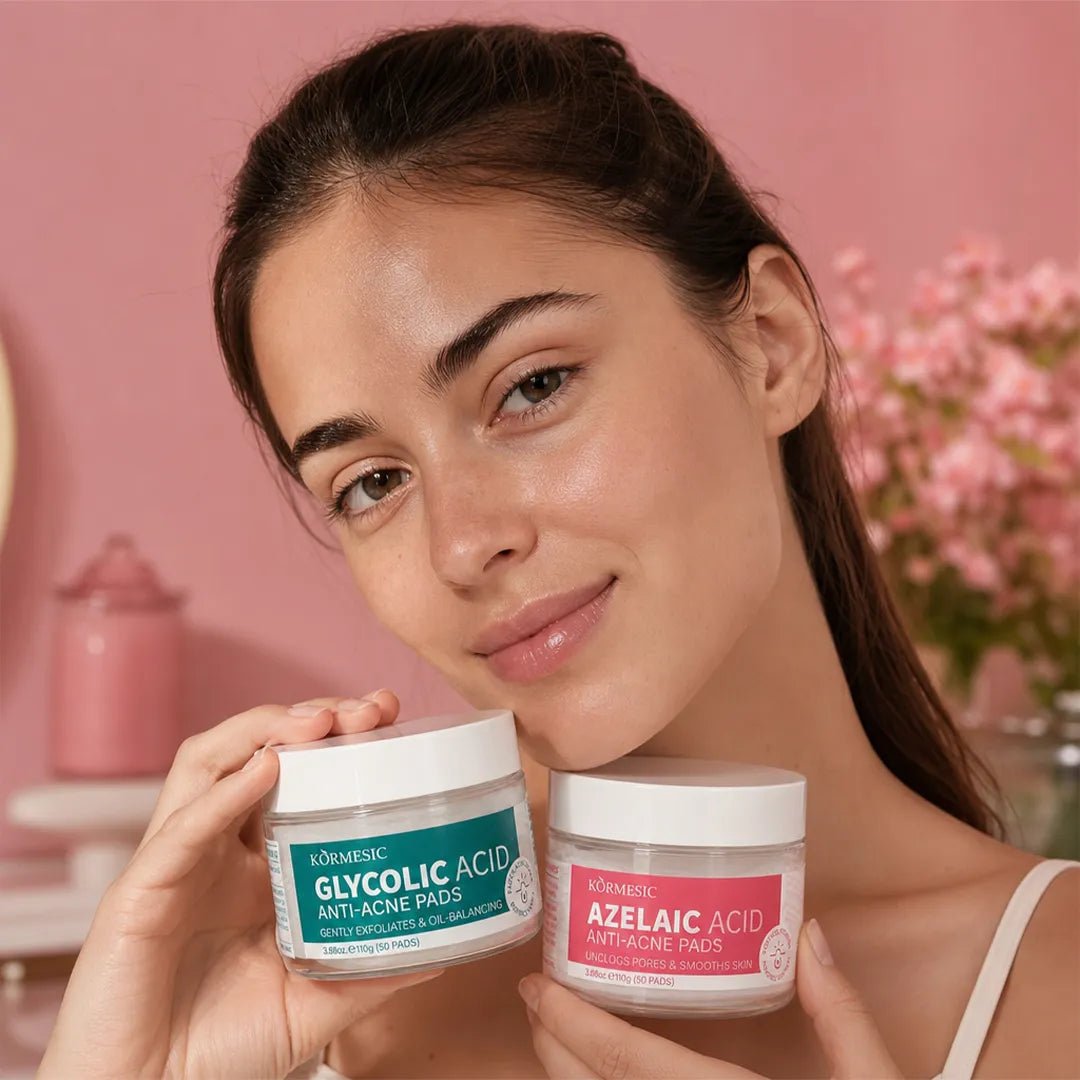 Sejas spilventiņi pret nepilnībām Kormesic Anti-Acne Pads – ar azelainskābi vai glikola skābi, 50 gab.  