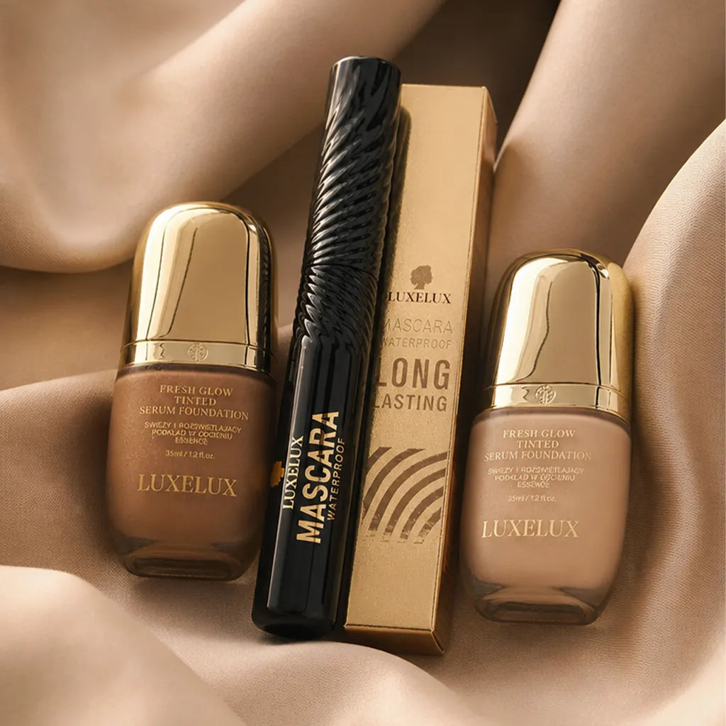 Zestaw do makijażu twarzy i oczu Luxelux – podkład serum Fresh Glow + tusz do rzęs Waterproof