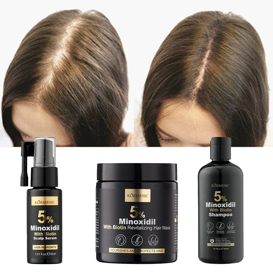 Zestaw przeciw wypadaniu włosów z minoksydylem 5% Kormesic (szampon + maska + serum)