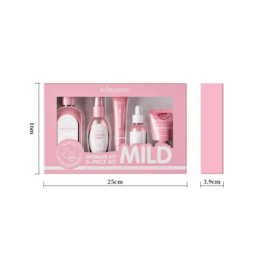 Zestaw do higieny intymnej — 5 produktów (wash 130 ml, spray 50 ml, serum 30 ml, gel 20 g, lotion 30 g)