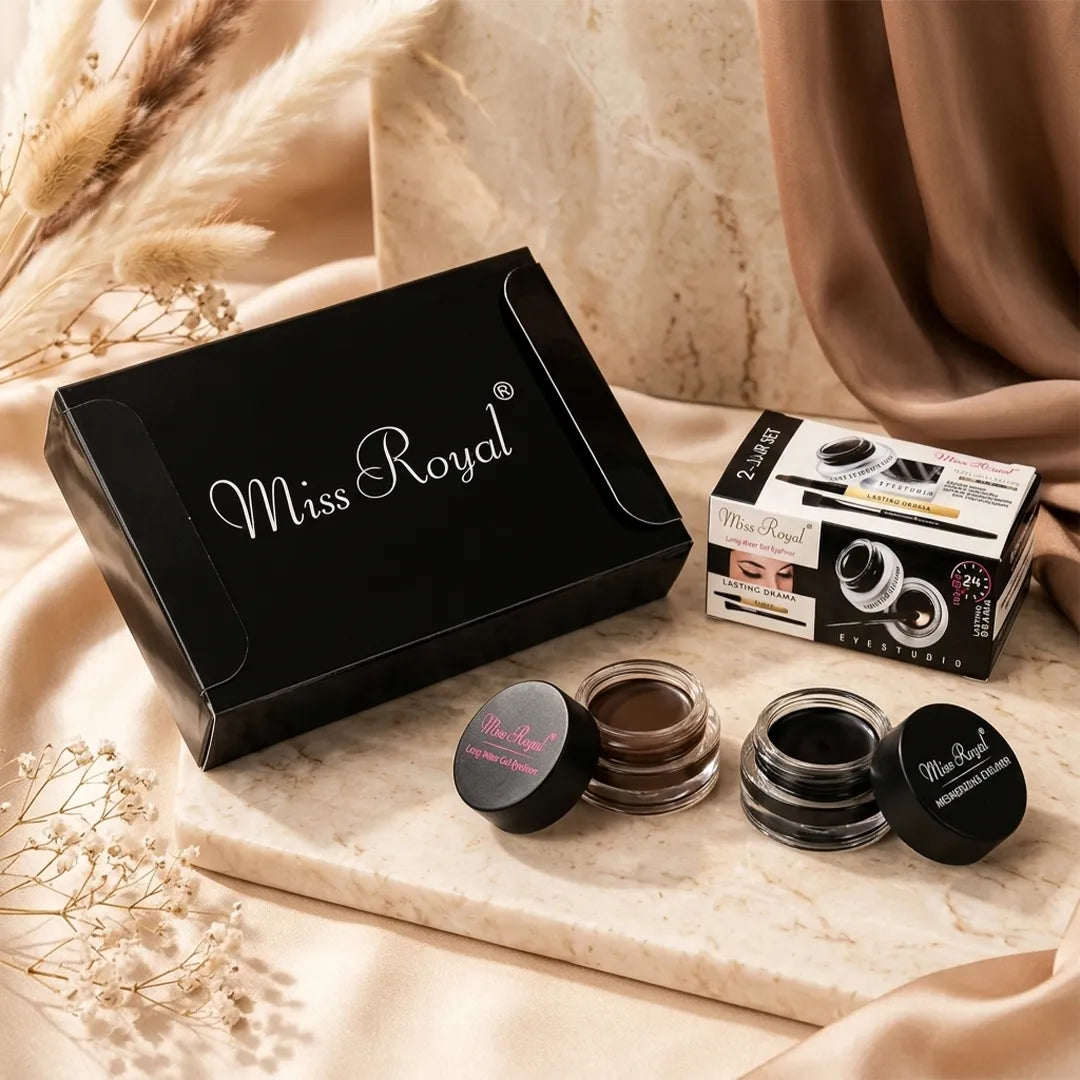 Eyeliner żelowy Miss Royal Long Wear Gel Eyeliner – wodoodporna kreska, 2 kolory + 2 pędzelki