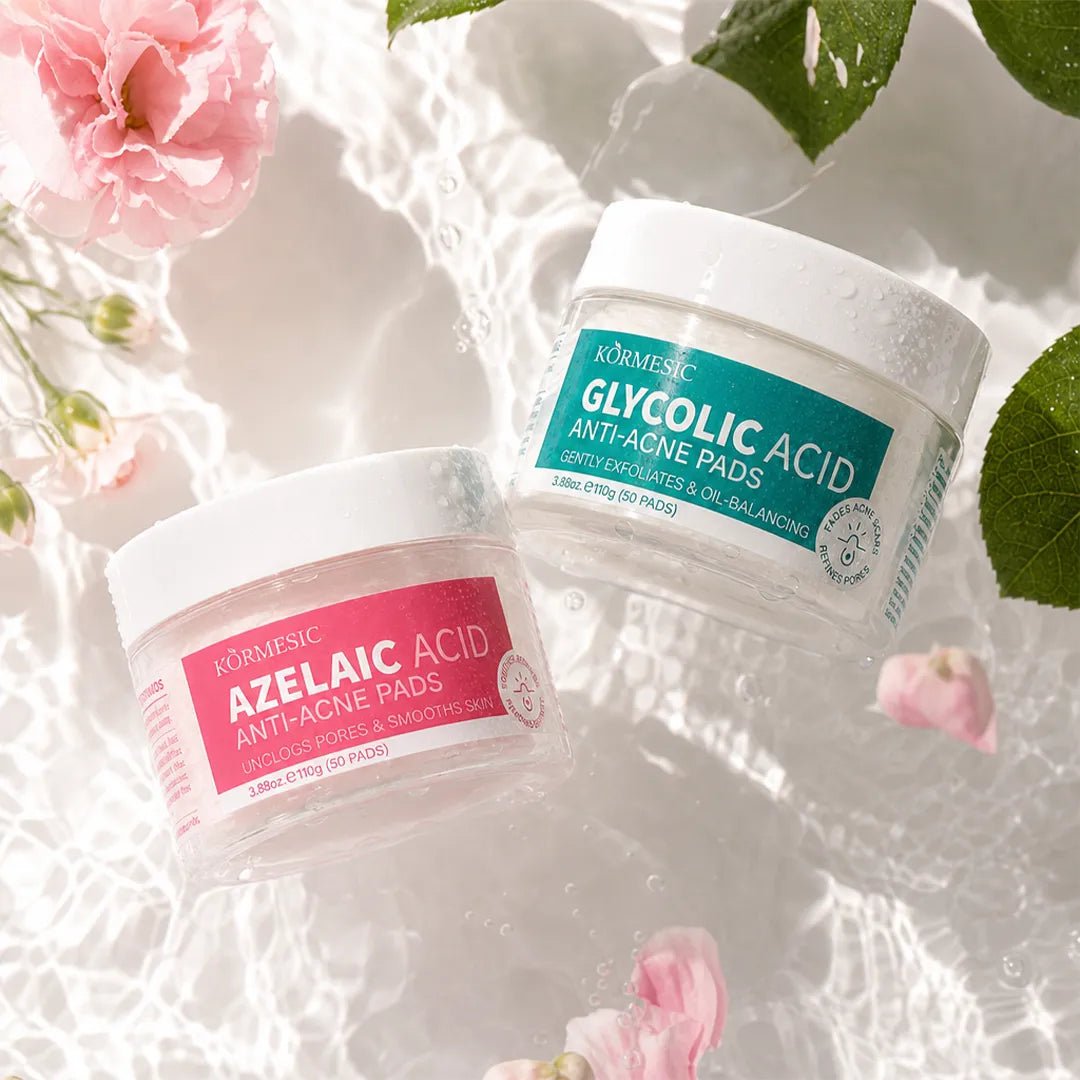 Sejas spilventiņi pret nepilnībām Kormesic Anti-Acne Pads – ar azelainskābi vai glikola skābi, 50 gab.  
