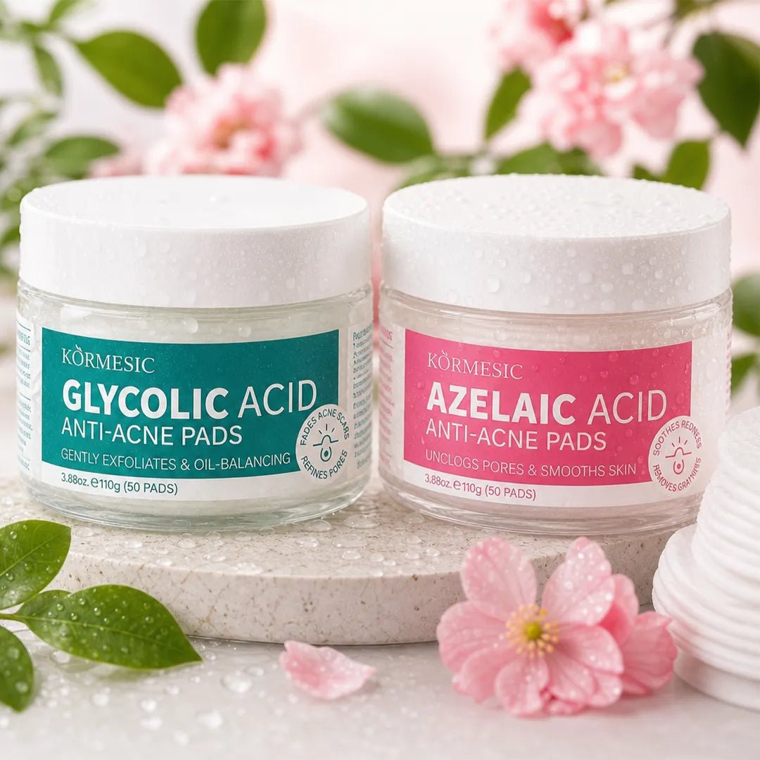Sejas spilventiņi pret nepilnībām Kormesic Anti-Acne Pads – ar azelainskābi vai glikola skābi, 50 gab.  