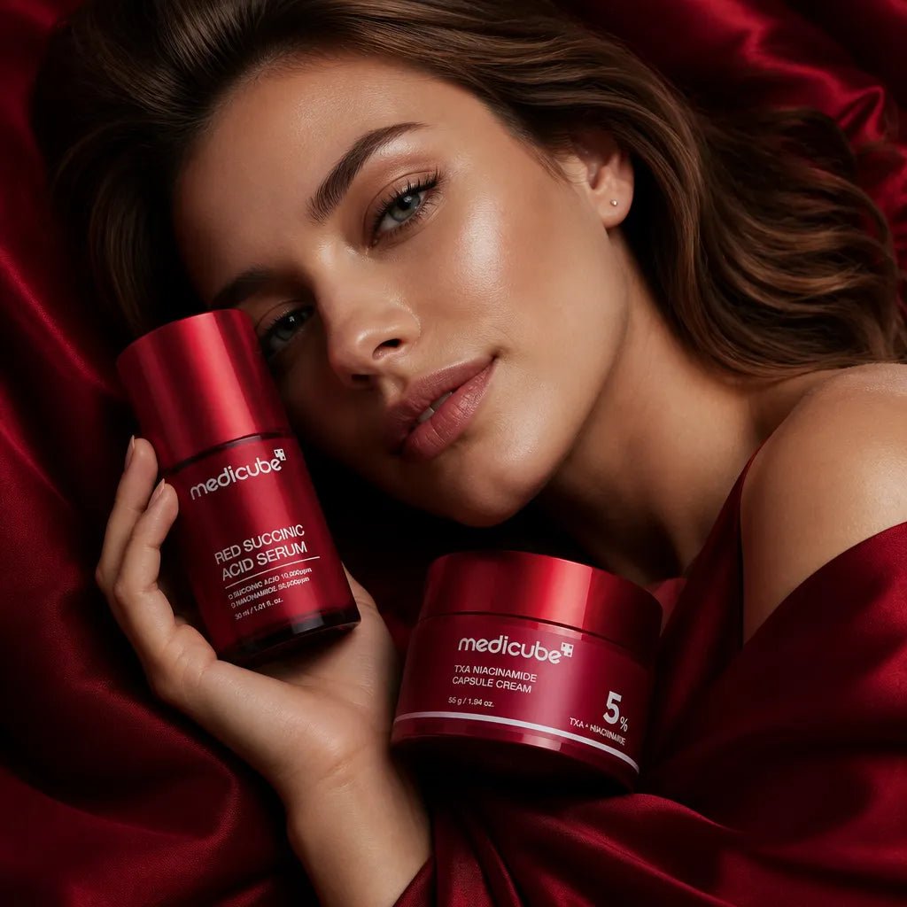Medicube facial skincare set with brightening serum and cream