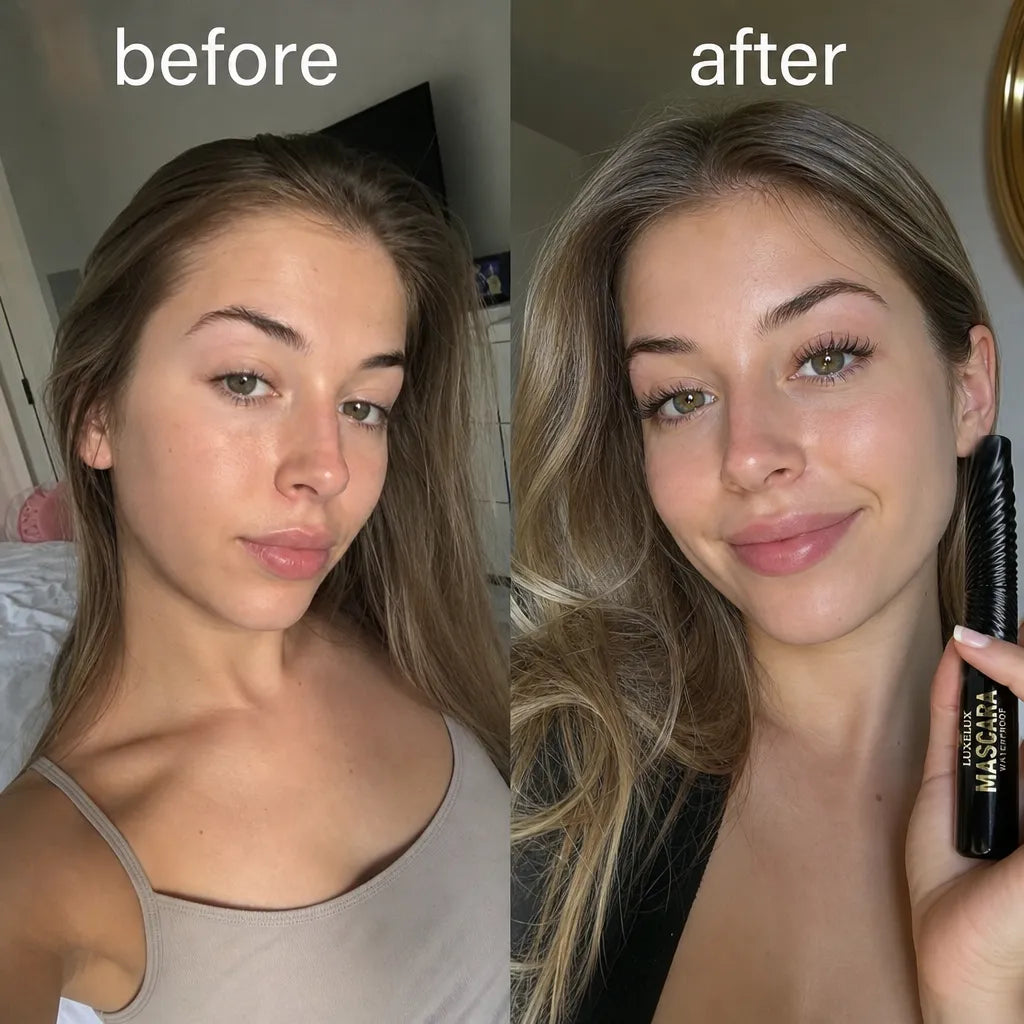 Zestaw do makijażu twarzy i oczu Luxelux – podkład serum Fresh Glow + tusz do rzęs Waterproof