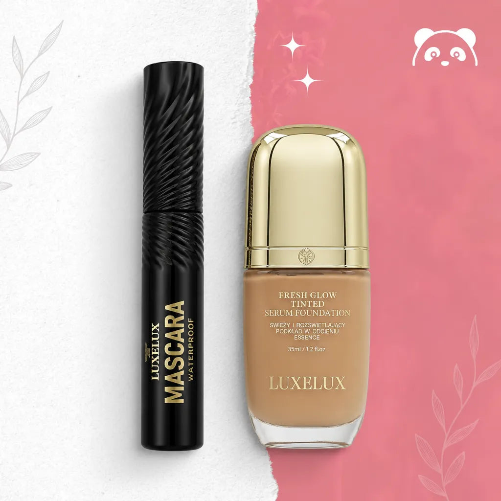 Zestaw do makijażu twarzy i oczu Luxelux – podkład serum Fresh Glow + tusz do rzęs Waterproof