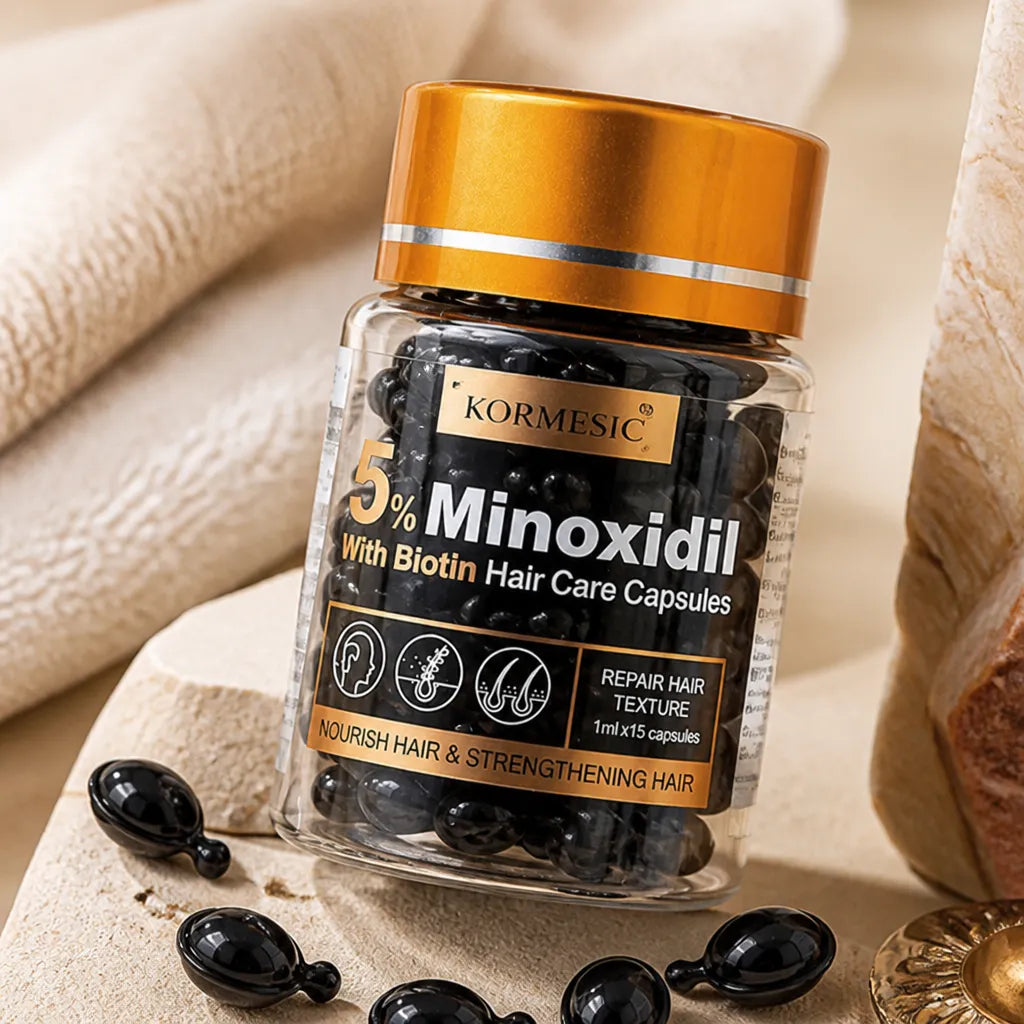 KORMESIC Minoxidil 5% kapsułki do pielęgnacji włosów z biotyną serum na porost włosów 15 ml - Kapsułki do włosów