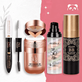 4 viename elegantiško makiažo rinkinys – blakstienų tušas, makiažo bazė, BB pagalvėlė, maskuoklis