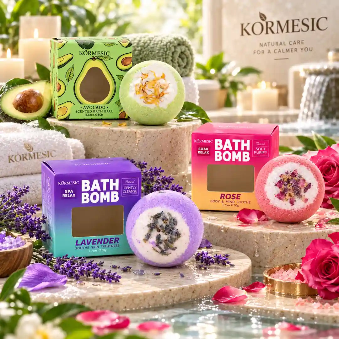 Kormesic-Badebomben – Avocado, Lavendel oder Rose, 50–80 g
