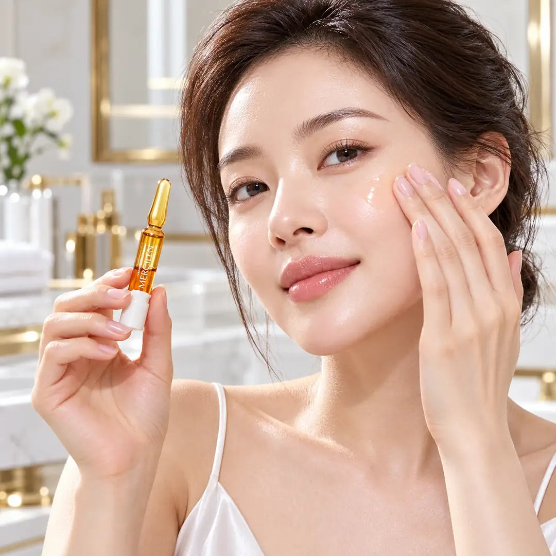 Nakładanie serum MERCILEN Collagen Peptide Retinol na twarz