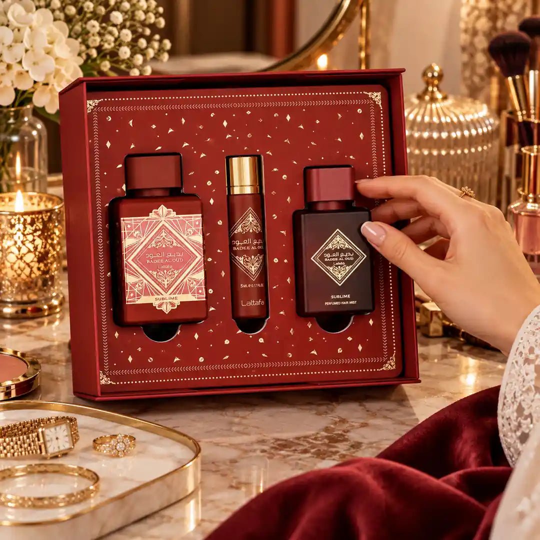 Lattafa Badee Al Oud Sublime’i parfüümikomplekt – EDP 100 ml + 12 ml + juukselõhn 50 ml