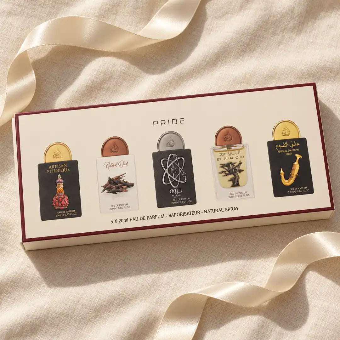 Pride No.2 zestaw perfum 5 × 20 ml – zestaw prezentowy na lnianym tle