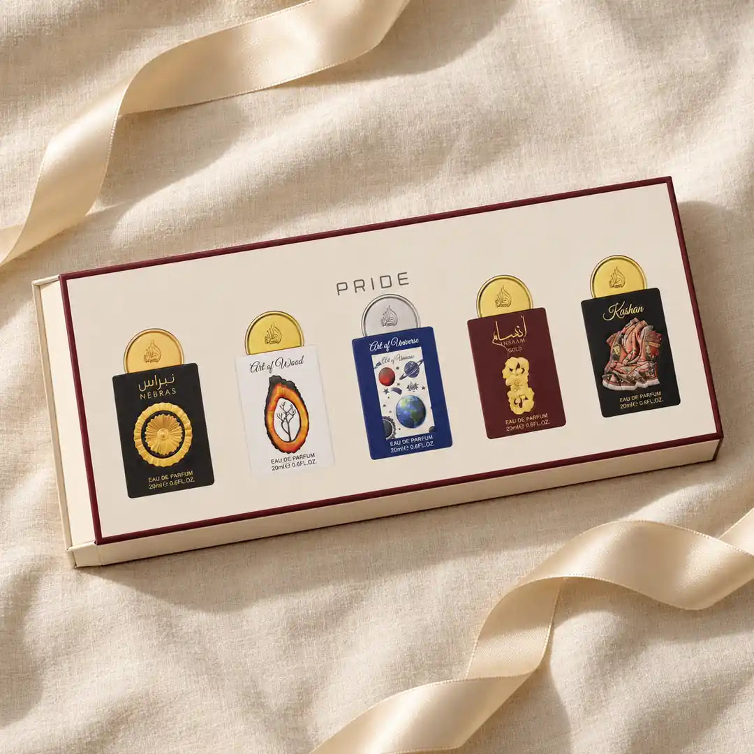 Pride No.3 zestaw perfum 5 × 20 ml – zestaw prezentowy na lnianym tle