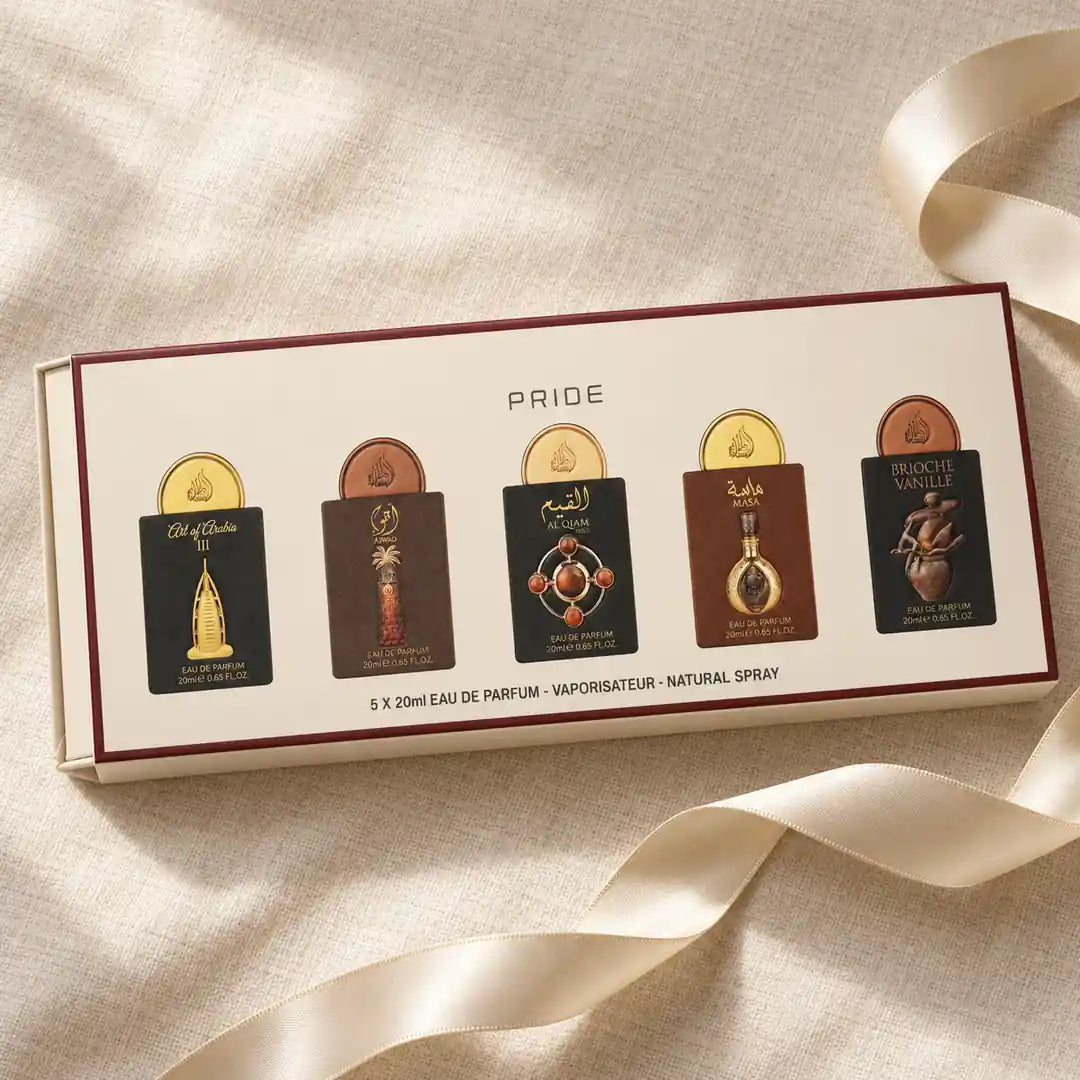Pride No.4 zestaw perfum 5 × 20 ml – zestaw prezentowy na lnianym tle