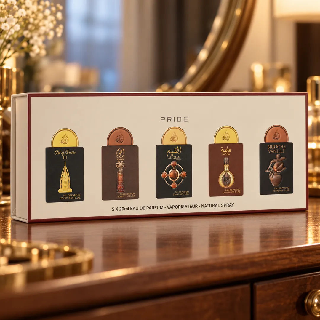 Pride No.4 zestaw perfum 5 × 20 ml – perfumy na eleganckiej toaletce