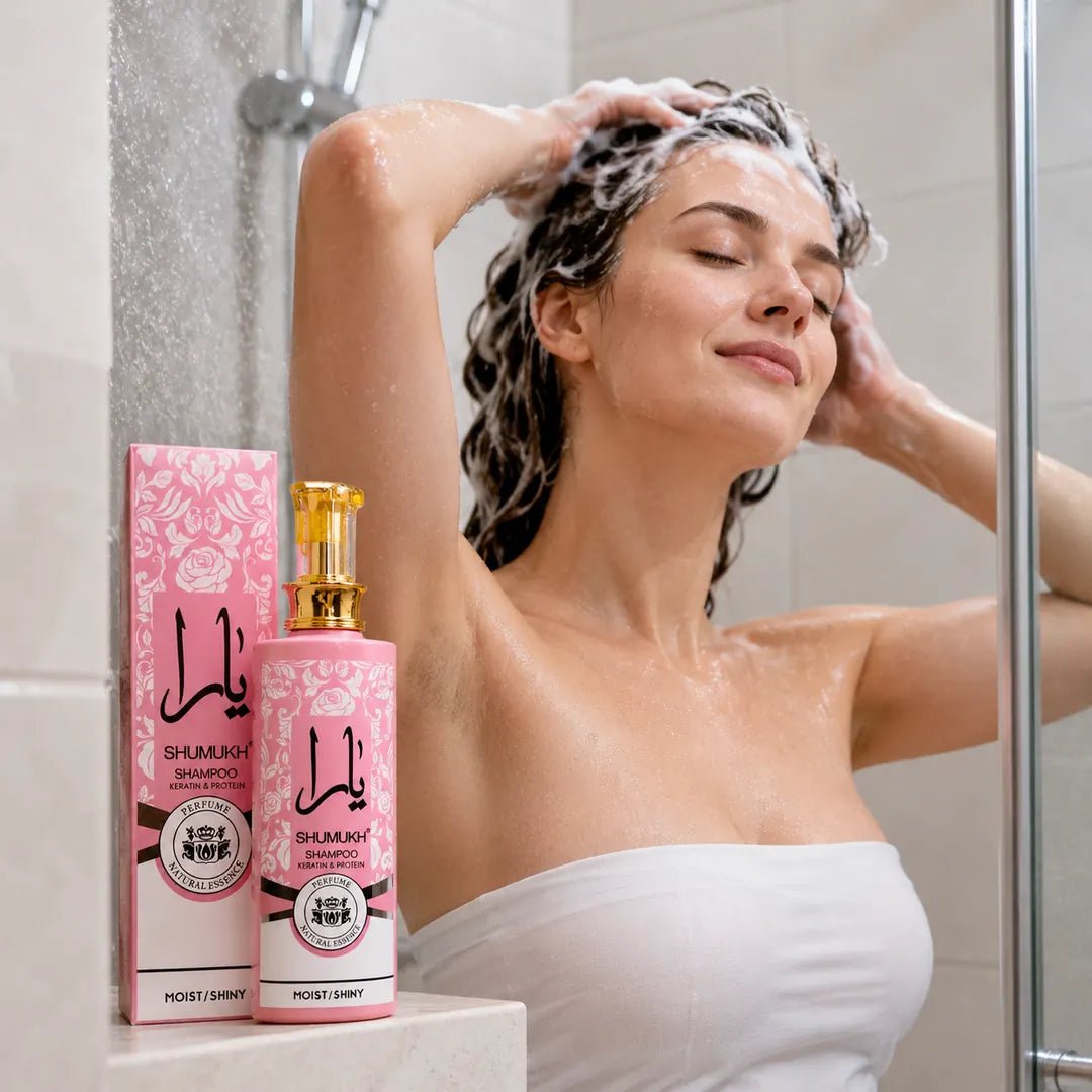 Szampon perfumowany do włosów SHUMUKH z keratyną i proteinami jedwabiu – 600 ml