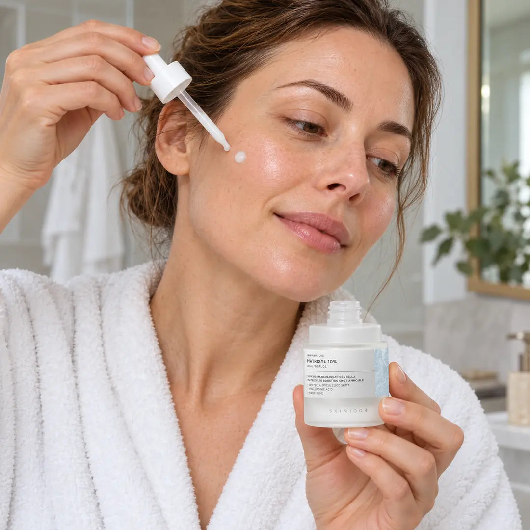 Aplikacja serum peptydowego SKIN1004 Matrixyl 10 na skórę twarzy