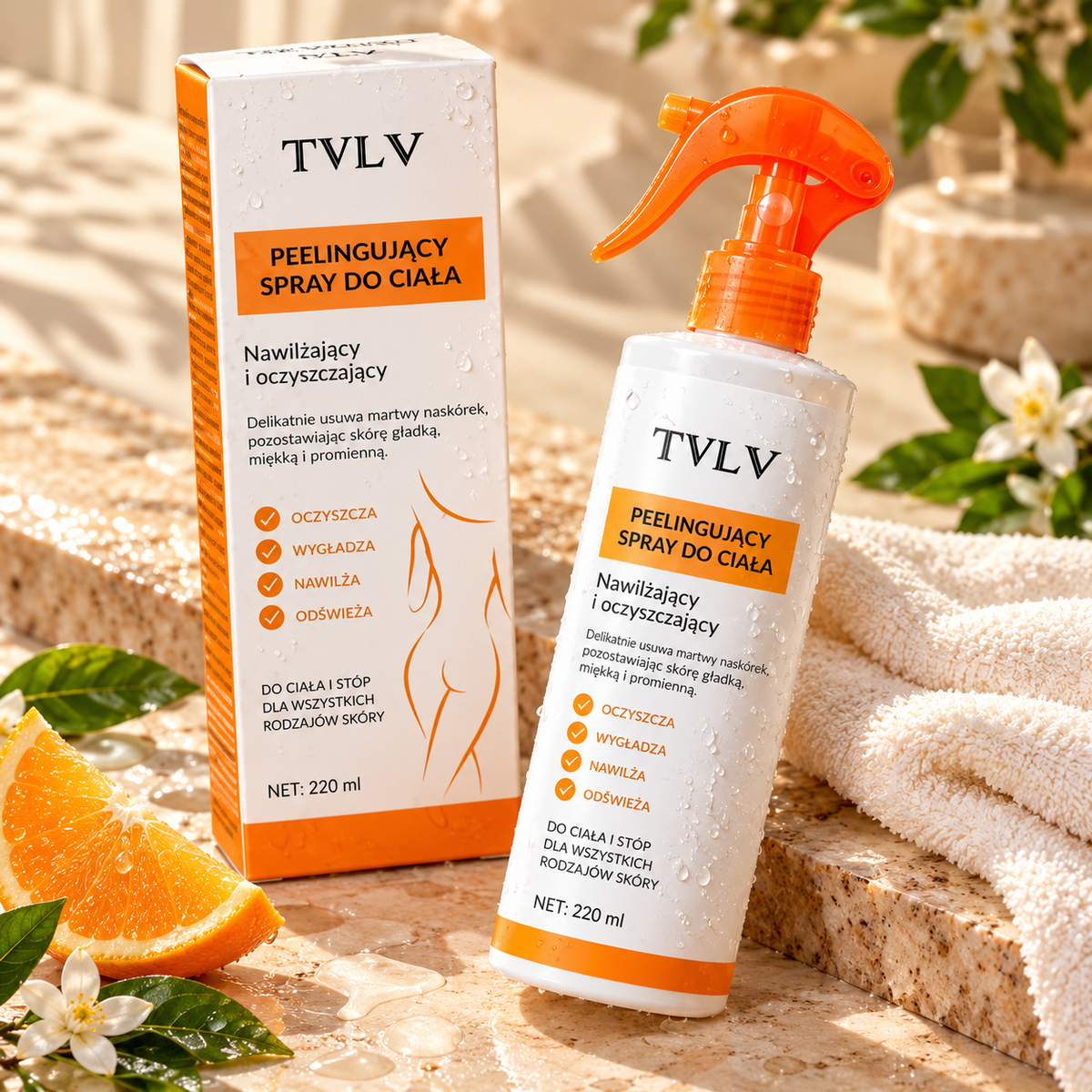 TVLV – peelingujący spray do ciała i stóp, wygładzenie, 220 ml – zbliżenie produktu